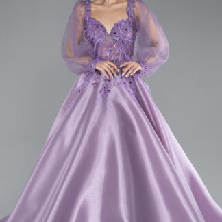 Lavanta Uzun Tül Kol Taş İşlemeli Özel Tasarım Nişan Elbisesi ABU4450