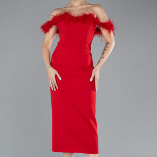 Kırmızı Otrişli Kayık Yaka Midi Davet Elbisesi ABU4473