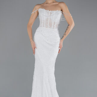 Ekru Straplez Boncuklu Dantel Uzun Büyük Beden Gelinlik ABG042