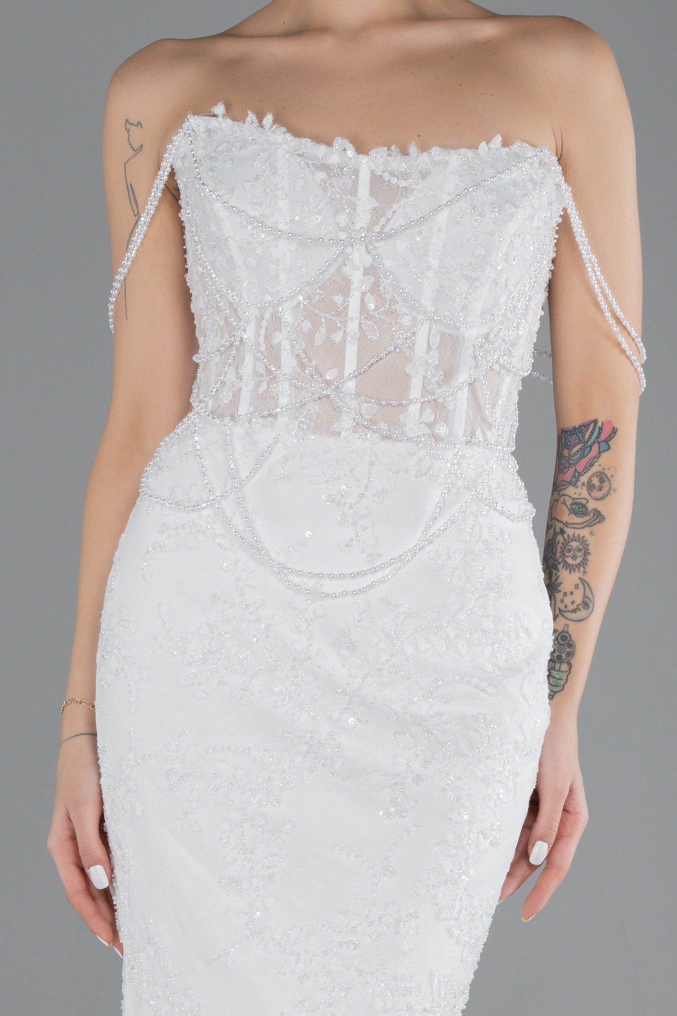 Ekru Straplez Boncuklu Dantel Uzun Büyük Beden Gelinlik ABG042 - Görsel 3