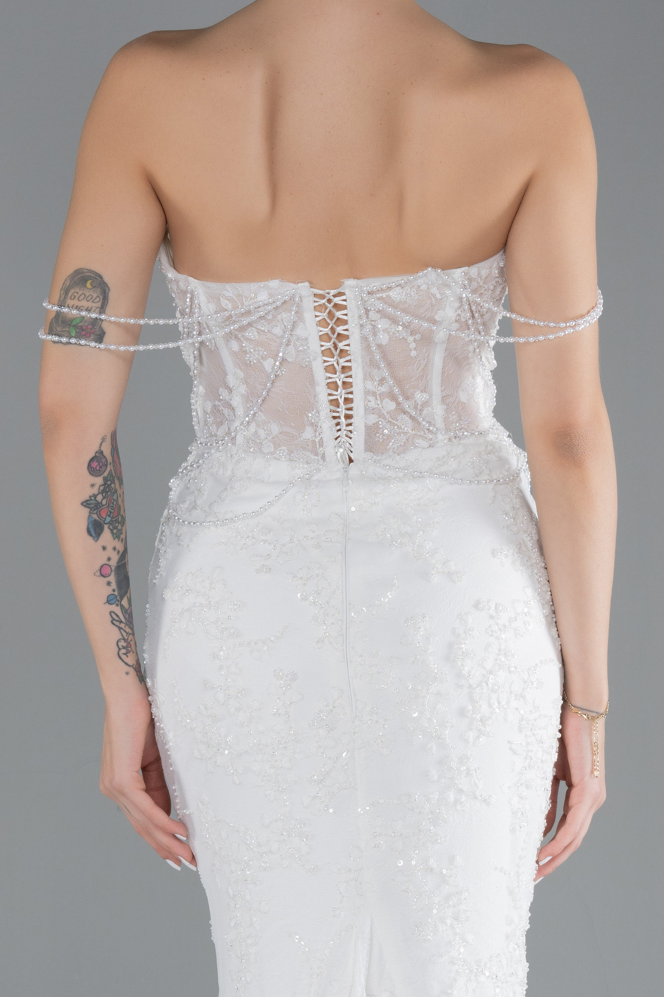 Ekru Straplez Boncuklu Dantel Uzun Büyük Beden Gelinlik ABG042 - Görsel 4