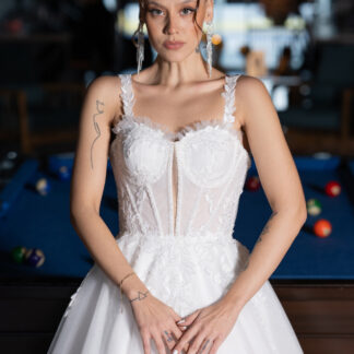 Ekru Askılı Taşlı Çiçek İşlemeli Balen Korse Uzun Gelinlik ABG044