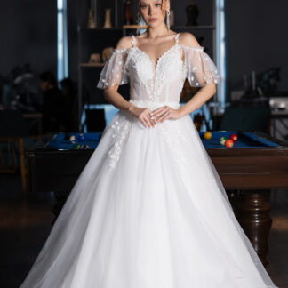 Ekru Kısa Kol Güpür İşlemeli Uzun A Kesim Gelinlik ABG045