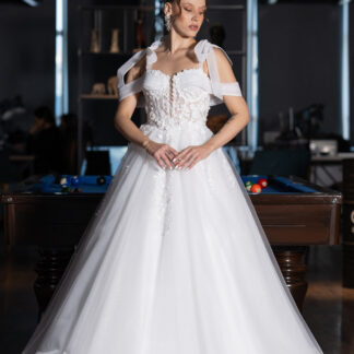 Ekru Askılı Çiçek İşlemeli Uzun Simli Gelinlik ABG056