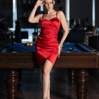 Kırmızı Askılı Mini Saten Davet Elbisesi ABK2441