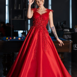 Kırmızı Kolsuz Taş İşlemeli Uzun Özel Tasarım Nişanlık ABU4436