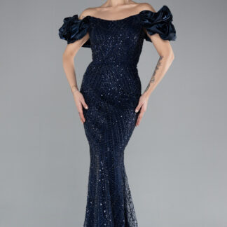 Lacivert Kısa Kol Boncuklu Uzun Taşlı Balık Abiye Elbise ABU4509