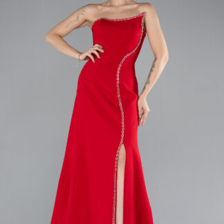 Kırmızı Straplez Bacak Dekolteli Uzun Abiye Elbise ABU4510