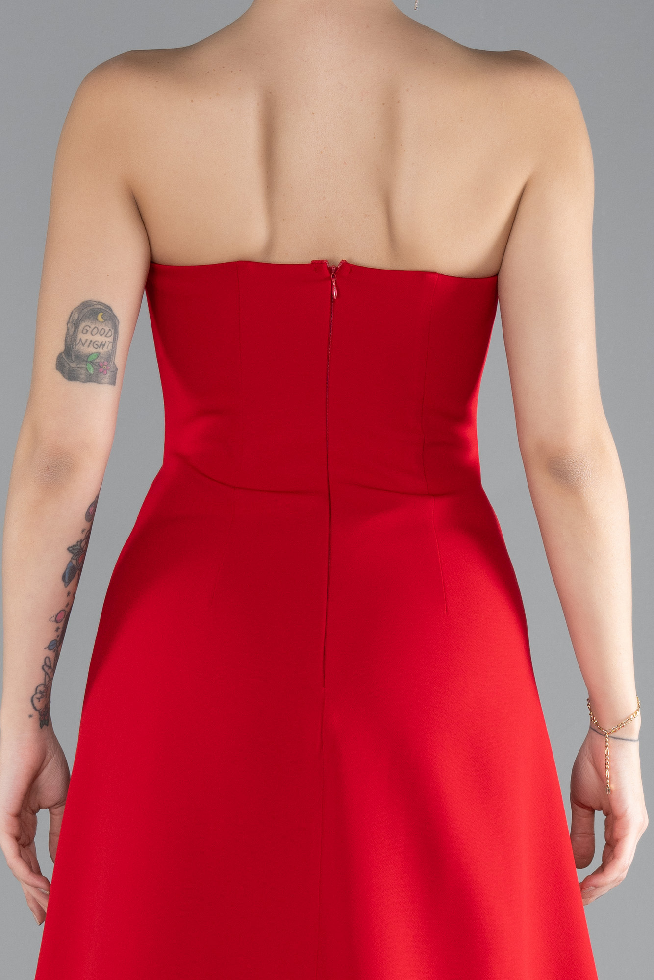 Kırmızı Straplez Bacak Dekolteli Uzun Abiye Elbise ABU4510 - Görsel 4