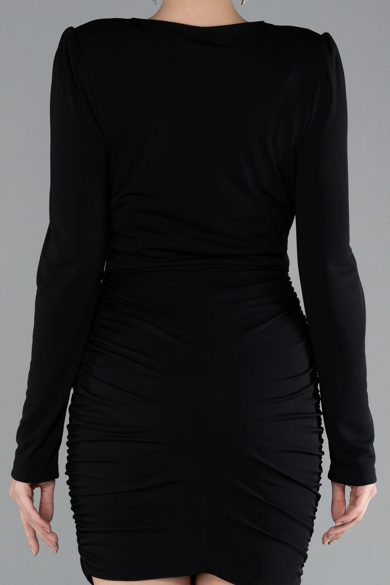 Siyah Uzun Kol Kruvaze Yaka Kısa Davet Elbisesi ABK2188 - Görsel 4