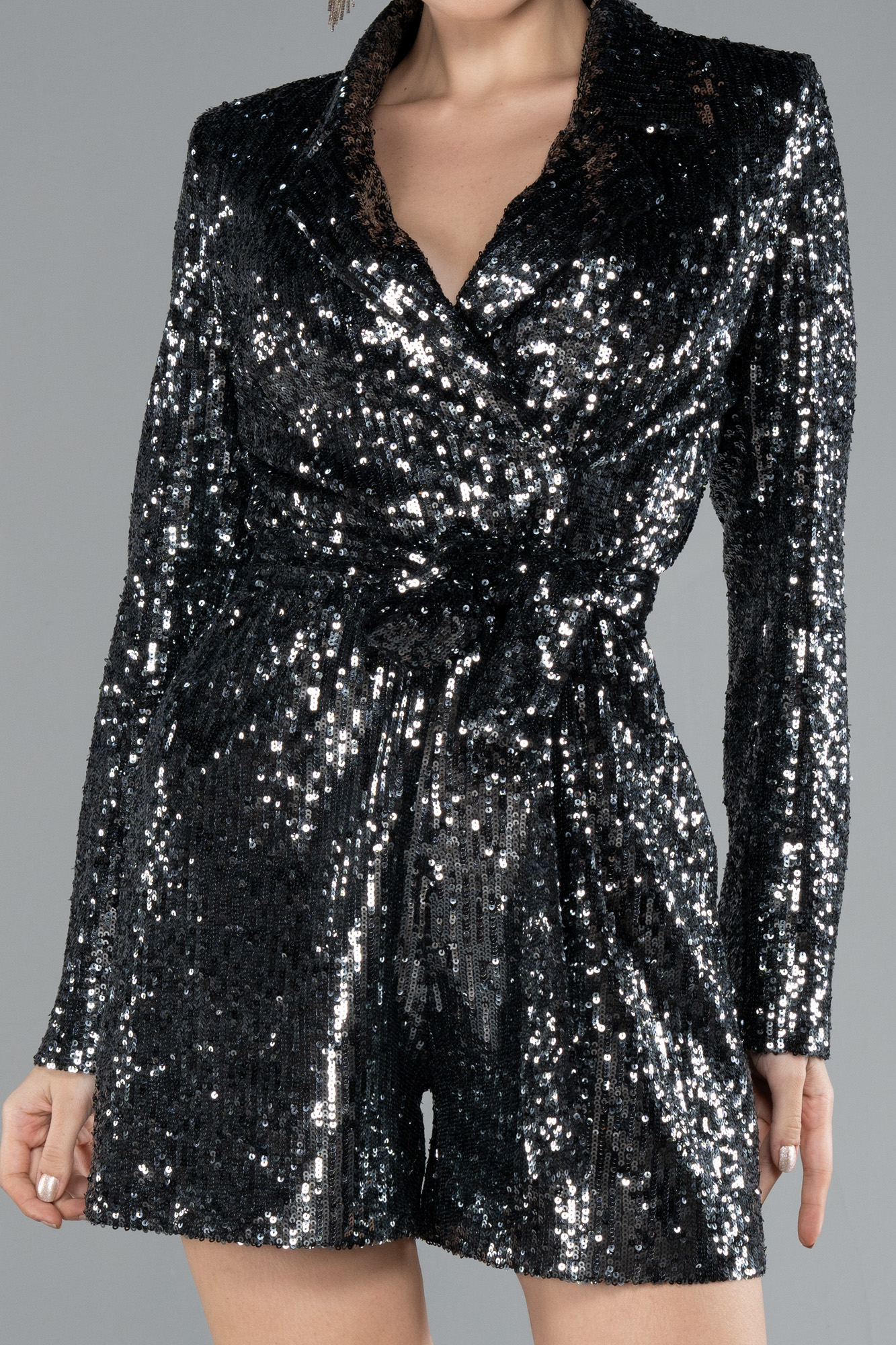 Antrasit Uzun Kol Pul Payet Şortlu Mini Abiye Tulum ABT124 - Görsel 5