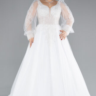 Ekru Uzun Kol Boncuk İşlemeli Büyük Beden Gelinlik ABG021