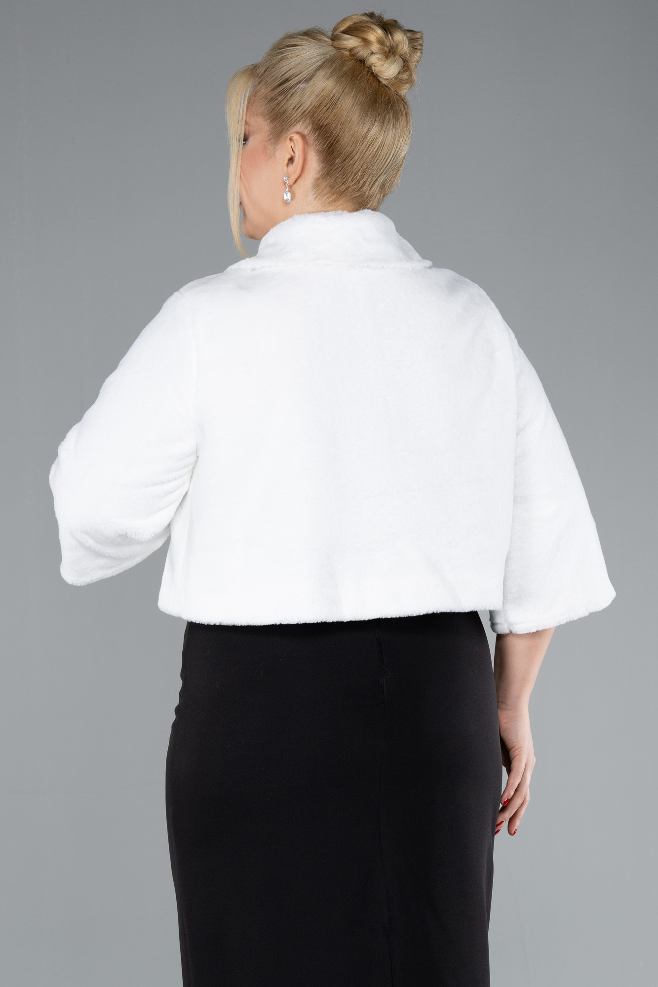 Beyaz Kapri Kol Kürk Görünümlü Büyük Beden Abiye Ceket ABB5097 - Görsel 2