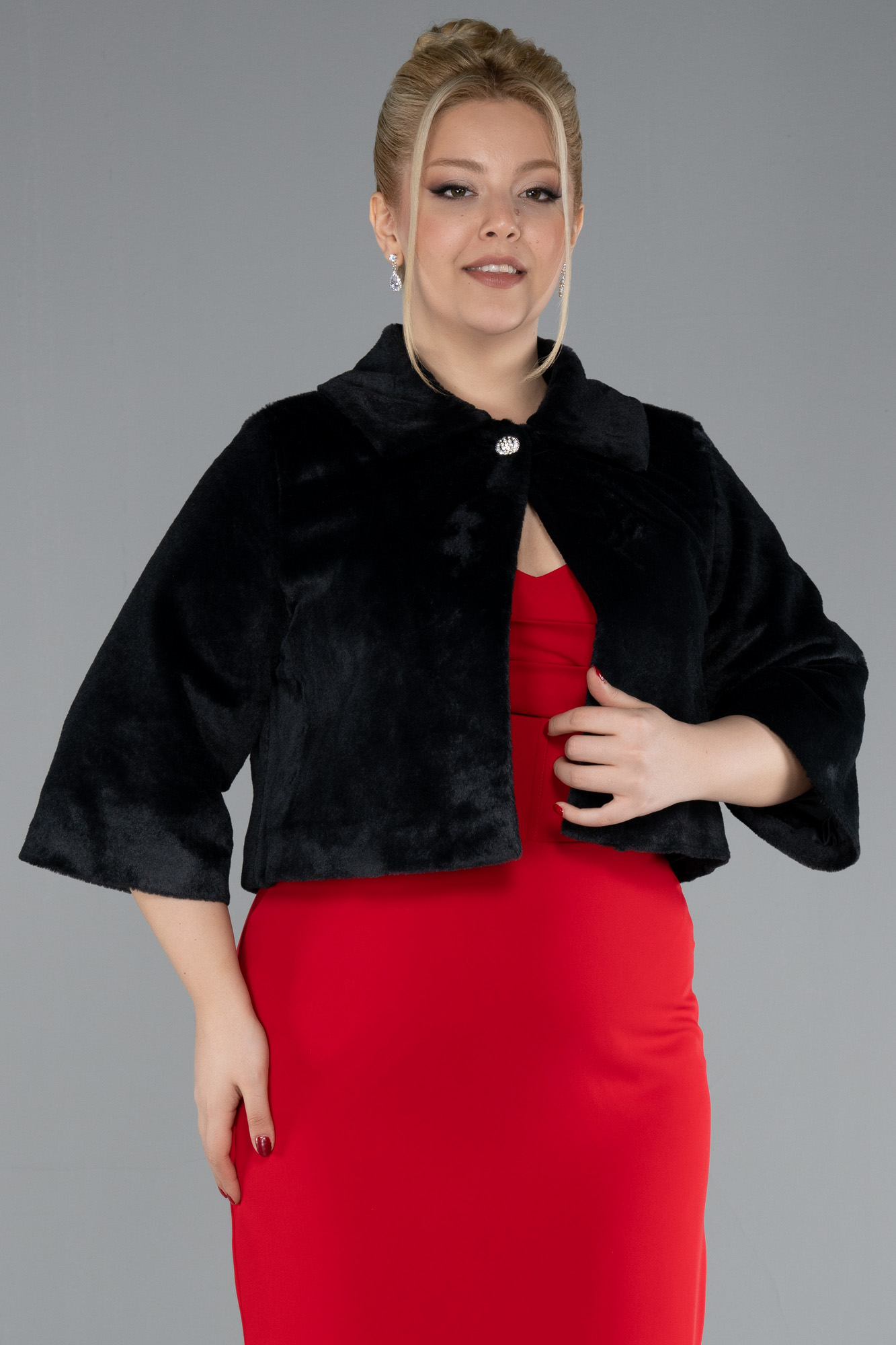 Beyaz Kapri Kol Kürk Görünümlü Büyük Beden Abiye Ceket ABB5097 - Görsel 5