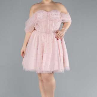 Pudra Kayık Yaka Boncuklu Kısa Büyük Beden Abiye ABK2110