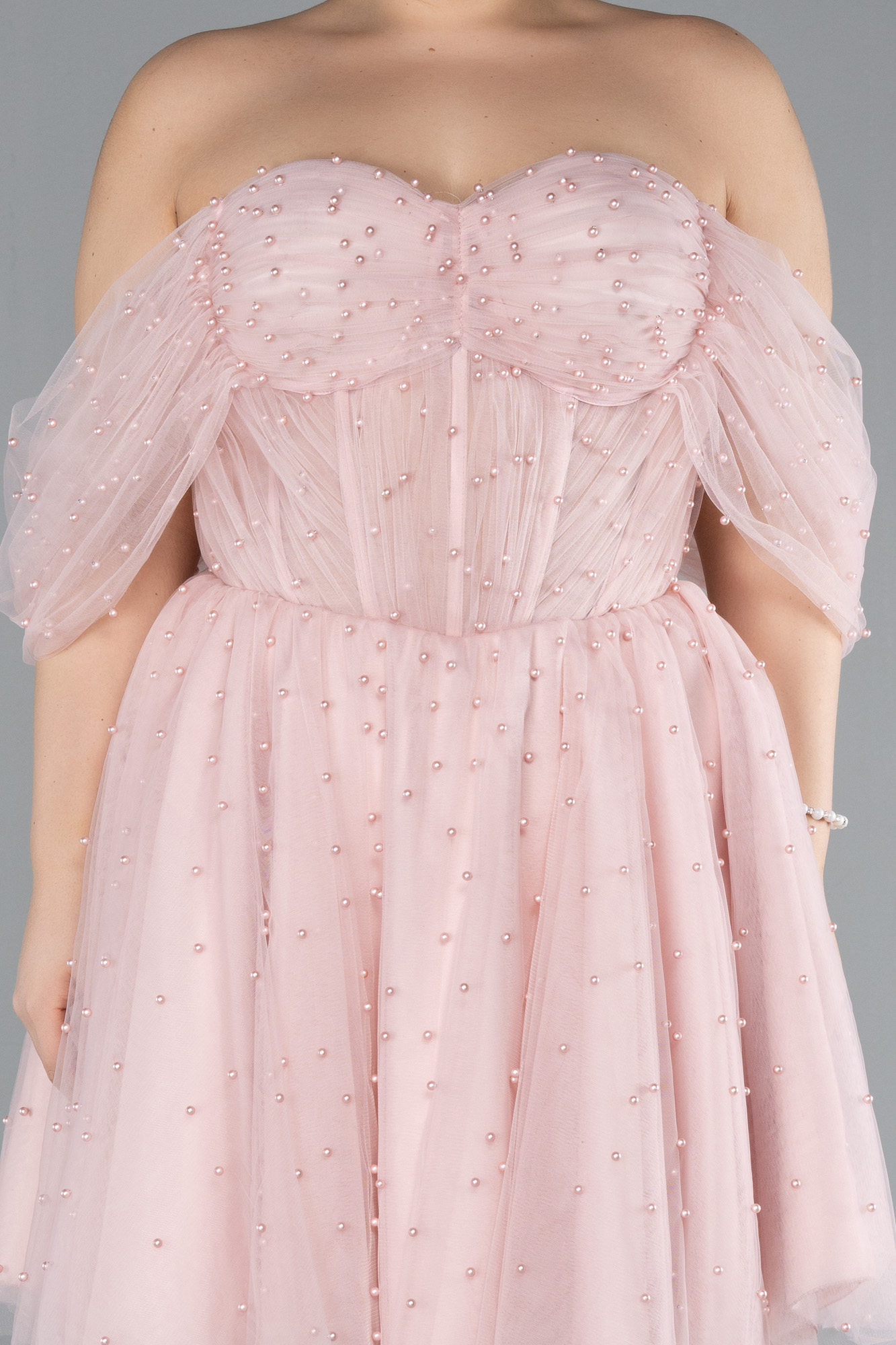 Pudra Kayık Yaka Boncuklu Kısa Büyük Beden Abiye ABK2110 - Görsel 3