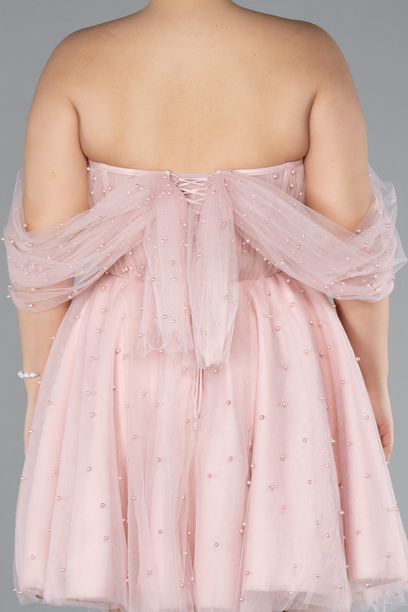 Pudra Kayık Yaka Boncuklu Kısa Büyük Beden Abiye ABK2110 - Görsel 4