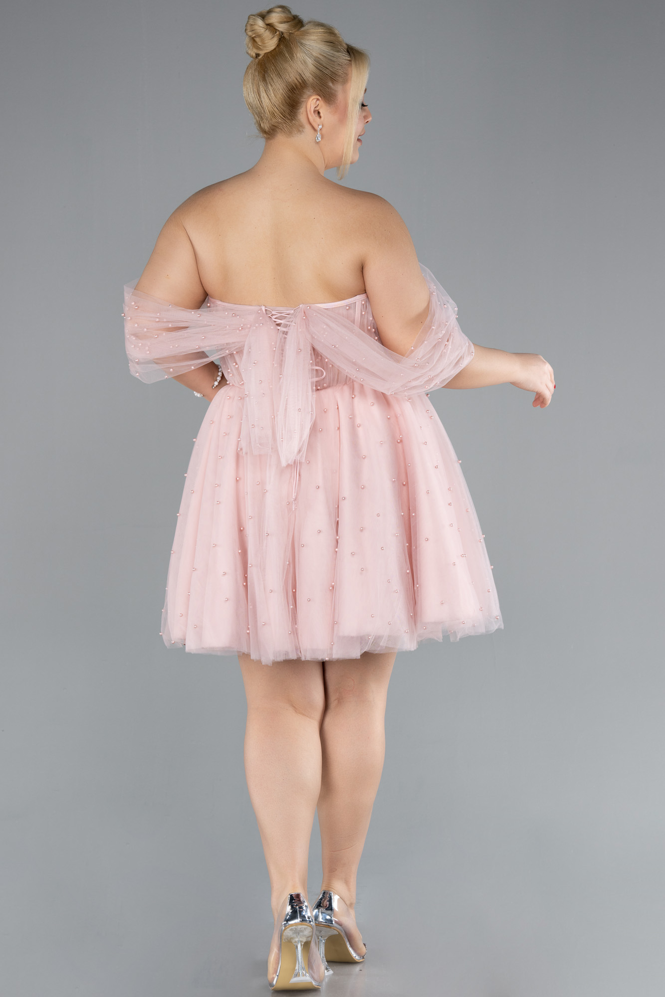 Pudra Kayık Yaka Boncuklu Kısa Büyük Beden Abiye ABK2110 - Görsel 2