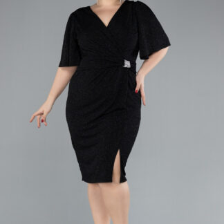 Siyah Kısa Kol Midi Simli Büyük Beden Abiye Elbise ABK2115