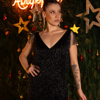 Siyah V Yaka Püsküllü Boncuk İşleme Mini Abiye Elbise ABK2442