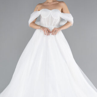 Ekru Kayık Yaka Taşlı Balenli Uzun Büyük Beden Gelinlik ABG104