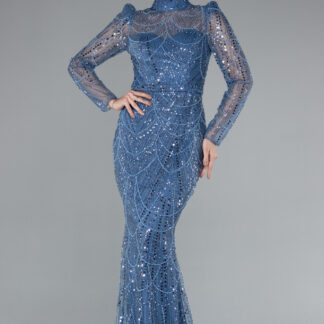 İndigo Uzun Kol Dik Yaka Taşlı Özel Tasarım Abiye ABU4526