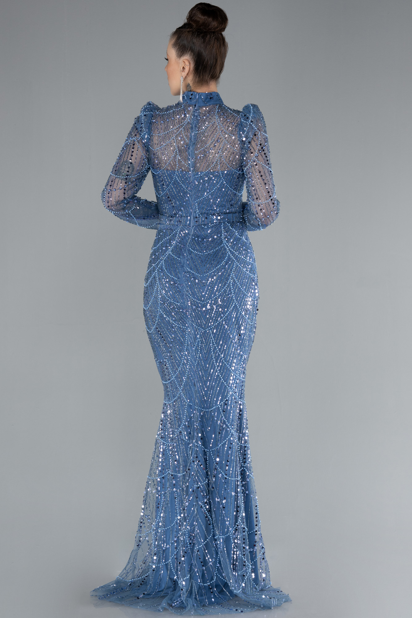 İndigo Uzun Kol Dik Yaka Taşlı Özel Tasarım Abiye ABU4526 - Görsel 2