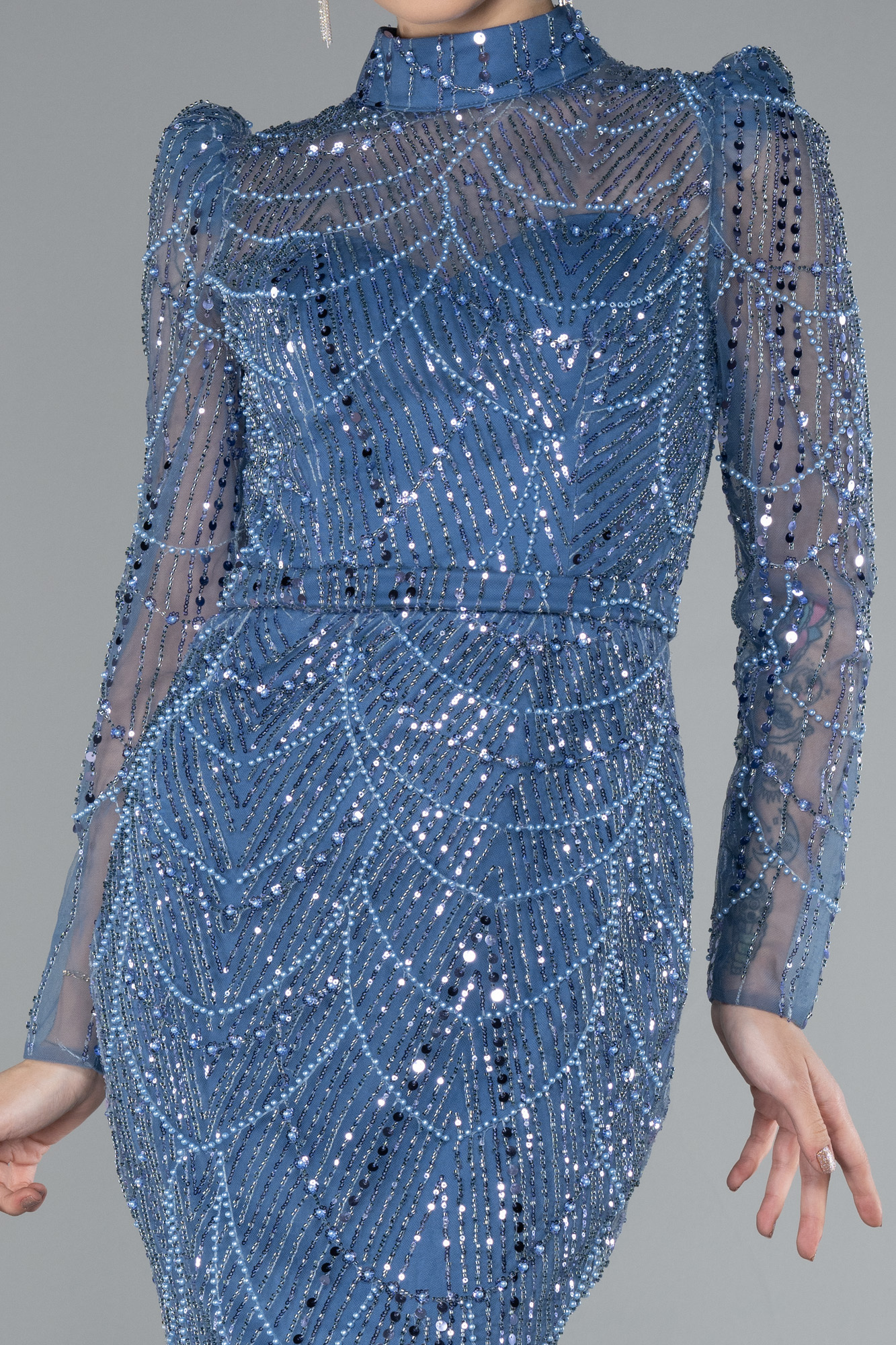 İndigo Uzun Kol Dik Yaka Taşlı Özel Tasarım Abiye ABU4526 - Görsel 3