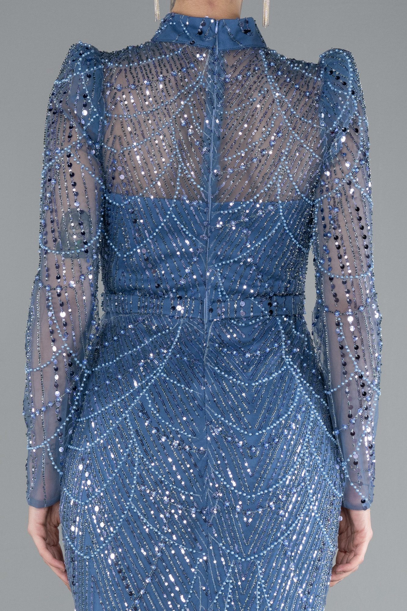 İndigo Uzun Kol Dik Yaka Taşlı Özel Tasarım Abiye ABU4526 - Görsel 4