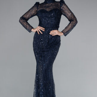 Lacivert Uzun Kol Dik Yaka Taşlı Özel Tasarım Abiye ABU4526