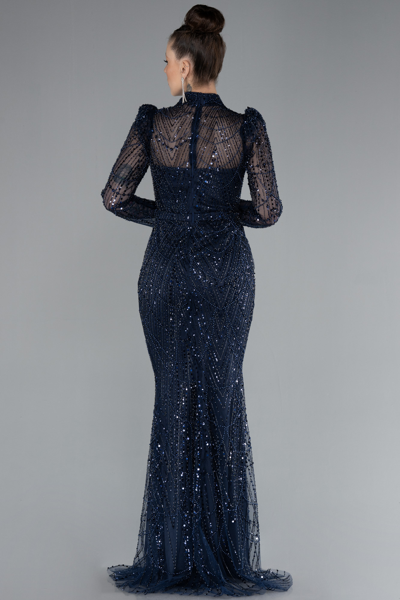 Lacivert Uzun Kol Dik Yaka Taşlı Özel Tasarım Abiye ABU4526 - Görsel 2