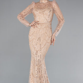 Somon Uzun Kol Dik Yaka Taşlı Özel Tasarım Abiye ABU4526