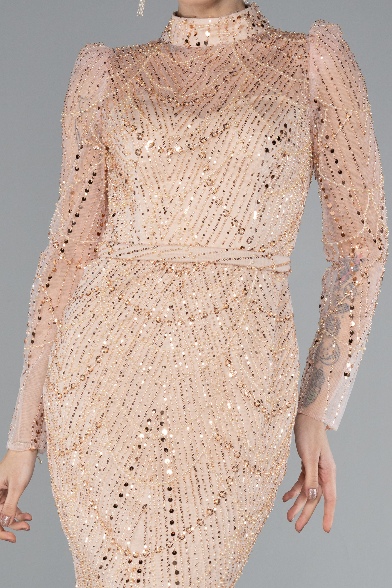 Somon Uzun Kol Dik Yaka Taşlı Özel Tasarım Abiye ABU4526 - Görsel 3