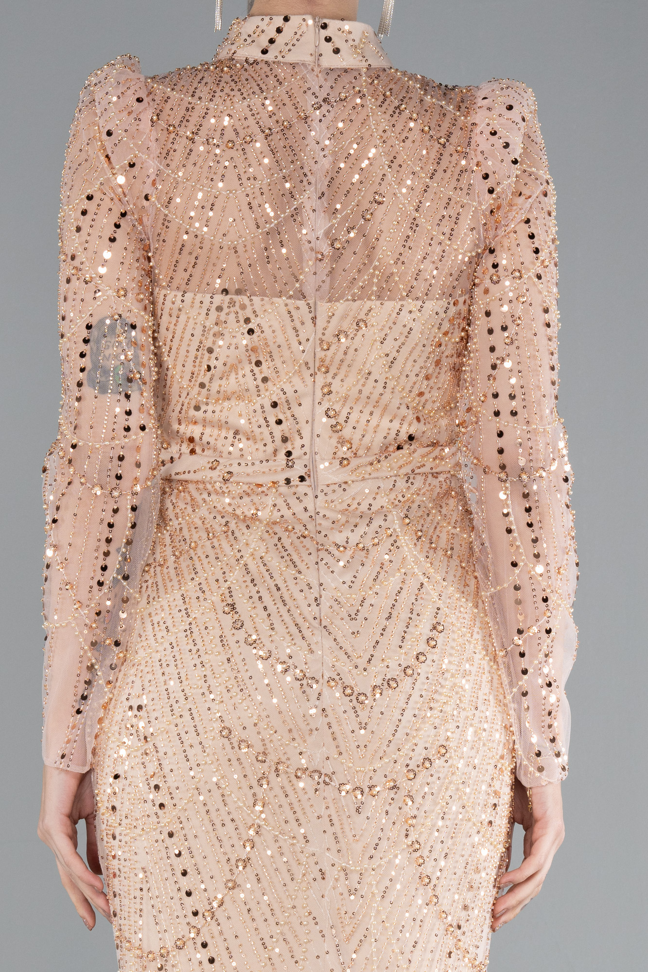 Somon Uzun Kol Dik Yaka Taşlı Özel Tasarım Abiye ABU4526 - Görsel 4