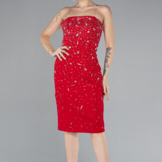 Kırmızı Straplez Taşlı Kısa Davet Elbisesi ABK2211