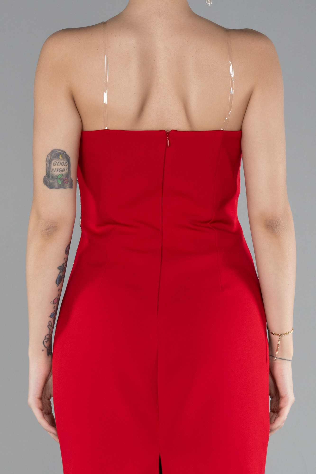 Kırmızı Straplez Taşlı Kısa Davet Elbisesi ABK2211 - Görsel 4