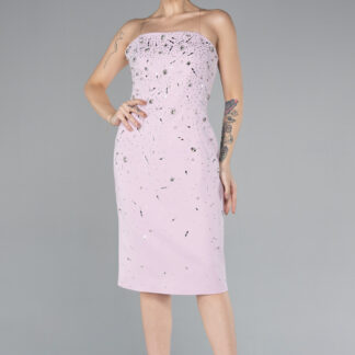 Pudra Straplez Taşlı Kısa Davet Elbisesi ABK2211