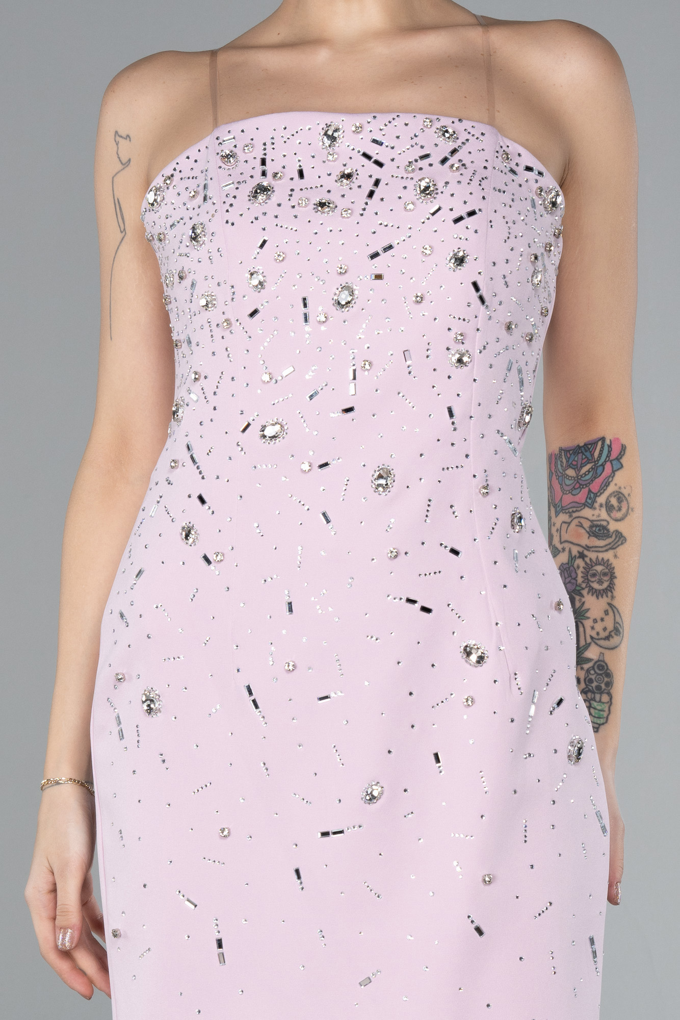 Pudra Straplez Taşlı Kısa Davet Elbisesi ABK2211 - Görsel 3