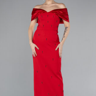 Kırmızı Kayık Yaka Taşlı Midi Davet Elbisesi ABK2212