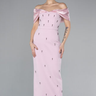 Pudra Kayık Yaka Taşlı Midi Davet Elbisesi ABK2212