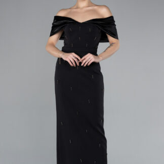 Siyah Kayık Yaka Taşlı Midi Büyük Beden Davet Elbisesi ABK2379