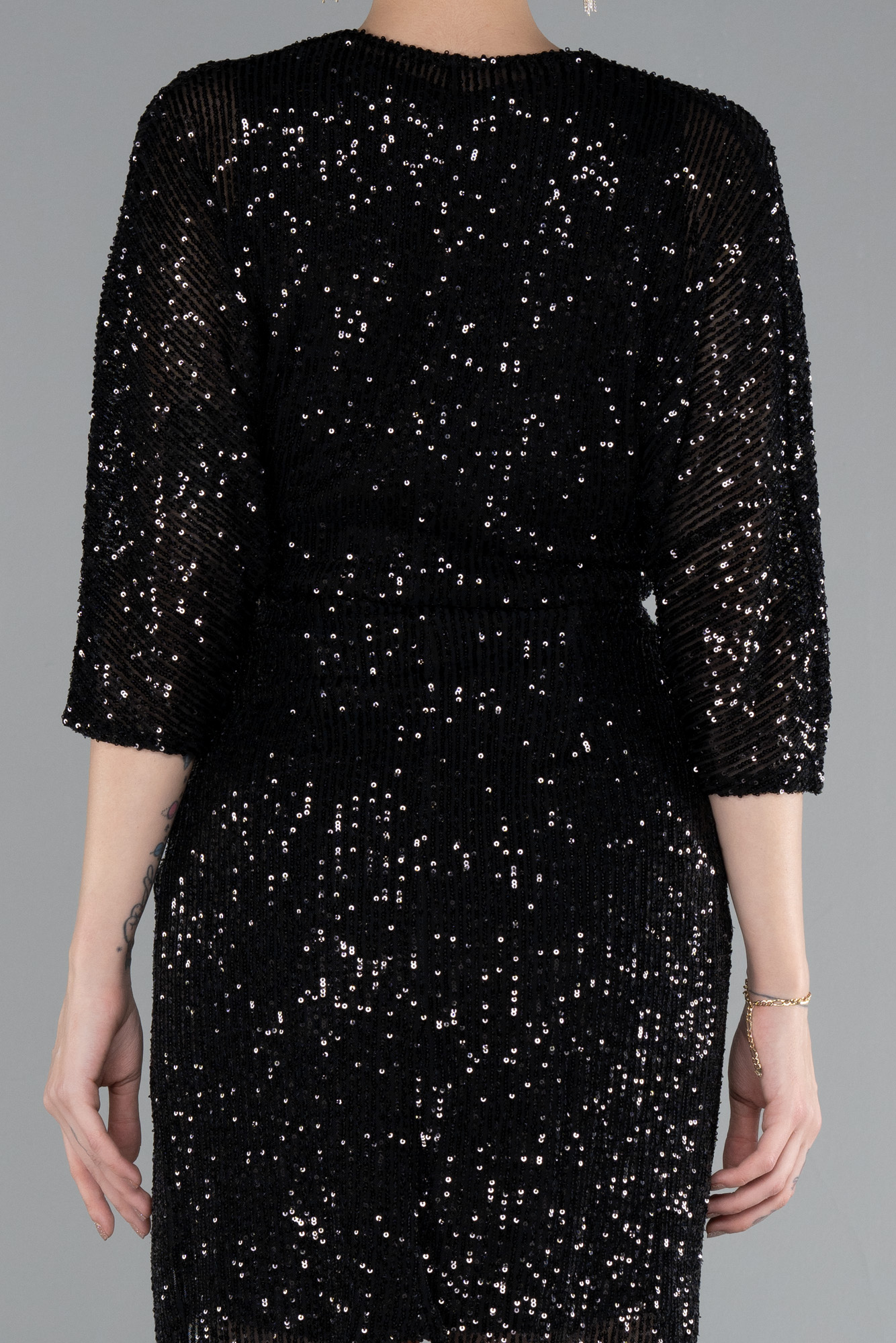 Siyah Kapri Kol Kruvaze Yaka Pullu Davet Elbisesi ABK1912 - Görsel 4