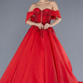 Kırmızı Kayık Yaka Taşlı Balen Korse Uzun Nişan Elbisesi ABU4546