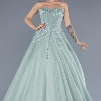 Mint Straplez Güpür İşlemeli Uzun Özel Tasarım Nişanlık ABU4431