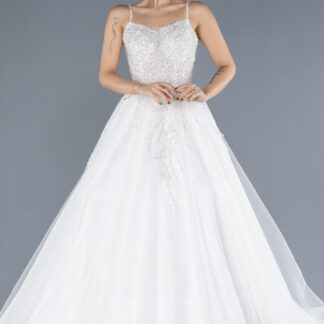 Ekru Askılı Üstü Taşlı Uzun Büyük Beden Gelinlik ABG107