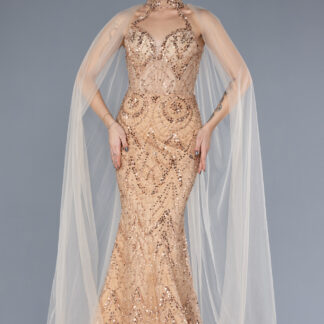 Gold Halter Yaka Taşlı Uzun Büyük Beden Abiye ABU4555