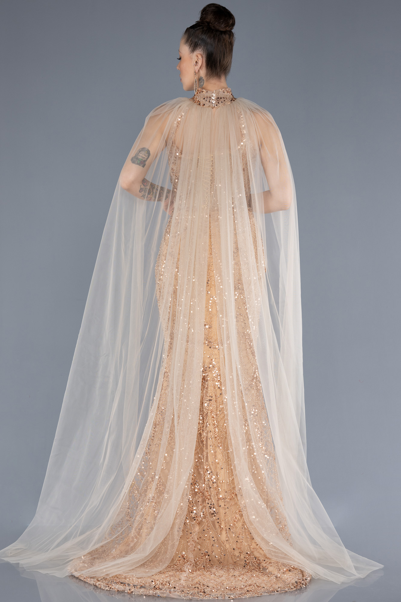 Gold Halter Yaka Taşlı Uzun Özel Tasarım Abiye ABU4548 - Görsel 2