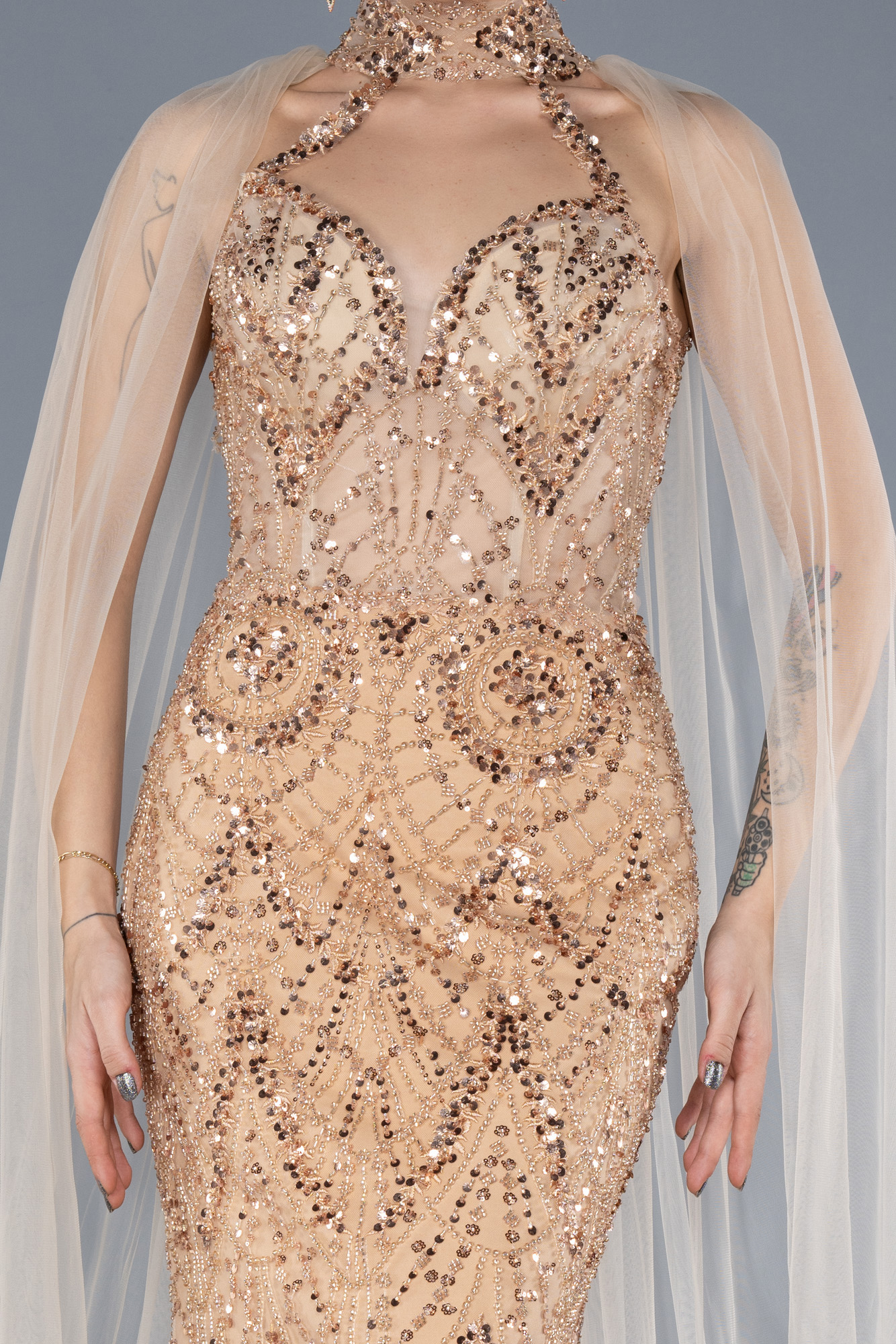 Gold Halter Yaka Taşlı Uzun Büyük Beden Abiye ABU4555 - Görsel 3