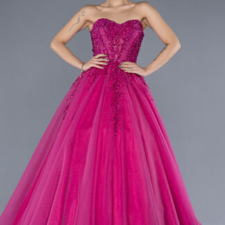 Fuşya Taşlı Straplez Uzun Prenses Nişan Elbisesi ABU4550