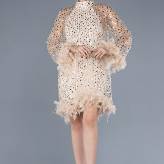 Gold Halter Yaka Otrişli Uzun Kol Kısa Pullu Davet Elbisesi ABK2202